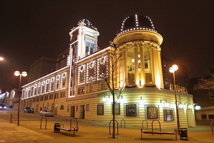 The Alhambra Theatre, Bradford, lit up at night