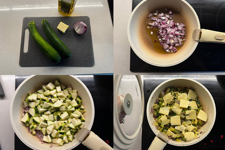 A collage of pictures of the different steps of making a courgette bake.