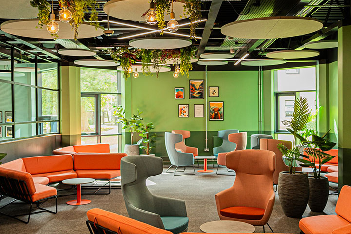 An empty seating area decorated with indoor plants