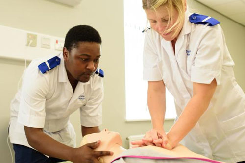 Two students perform CPR on a training mannequin.