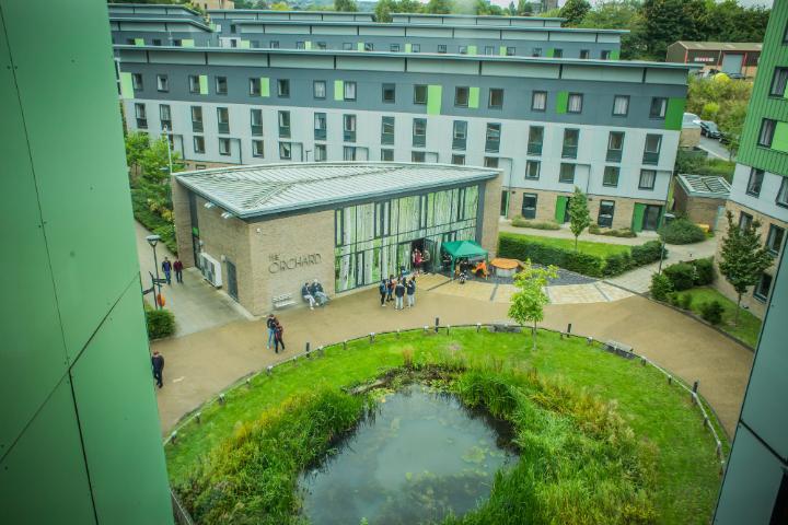 An aerial shot of The Green student village