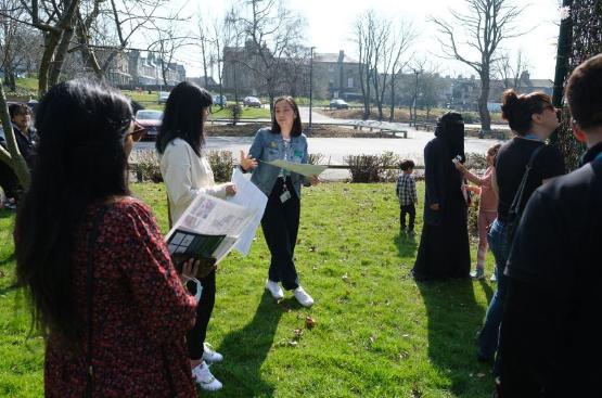 Broadcast sudents gather in the grounds of University of Bradford