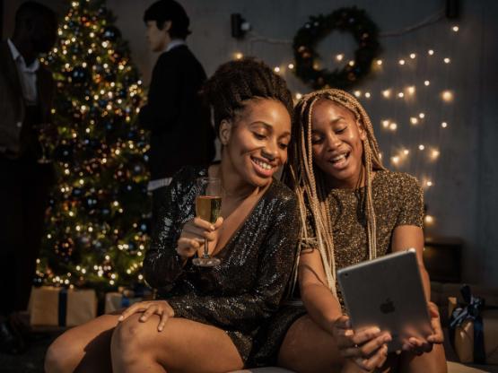 Women dressed up at a Christmas party