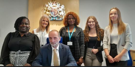 Pupils from Woodhouse Grove school with Judge Rose and Professor Emeseh