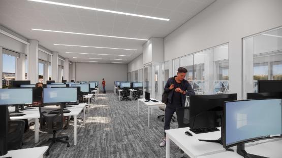 Artist's impression of how new computer science labs will look. Banks of computers in grey room with two people