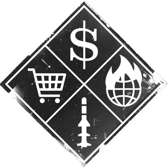 Illustration with symbols for money, bombs, world on fire and consumerism