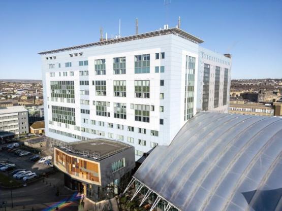 An aerial photo taken by a drone camera of the Richmond building at university