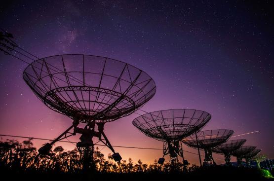 An array of giant satellite dishes angled toward the evening sky