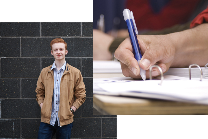 Connor Harrison and a notebook