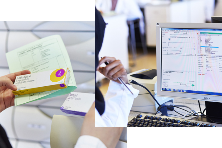 Two Pharmacy images, one of a computer and one of a student looking at prescription drugs