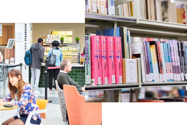 An image of the library and an on-campus food outlet.