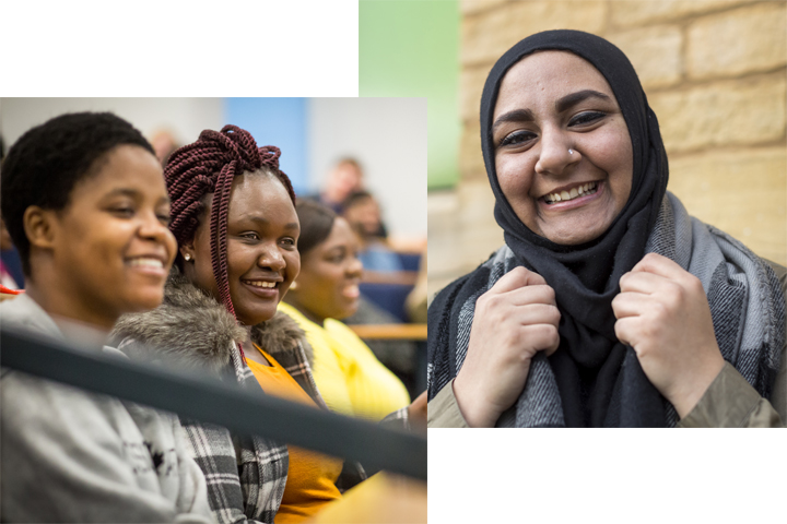 Two images, a profile shot of Maria and three female students in a lecture